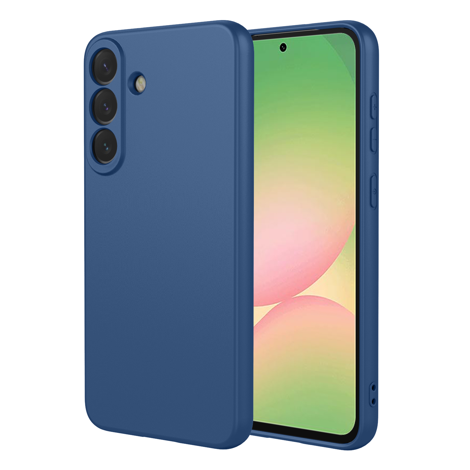 A blue phone case with three cameras and a screen.