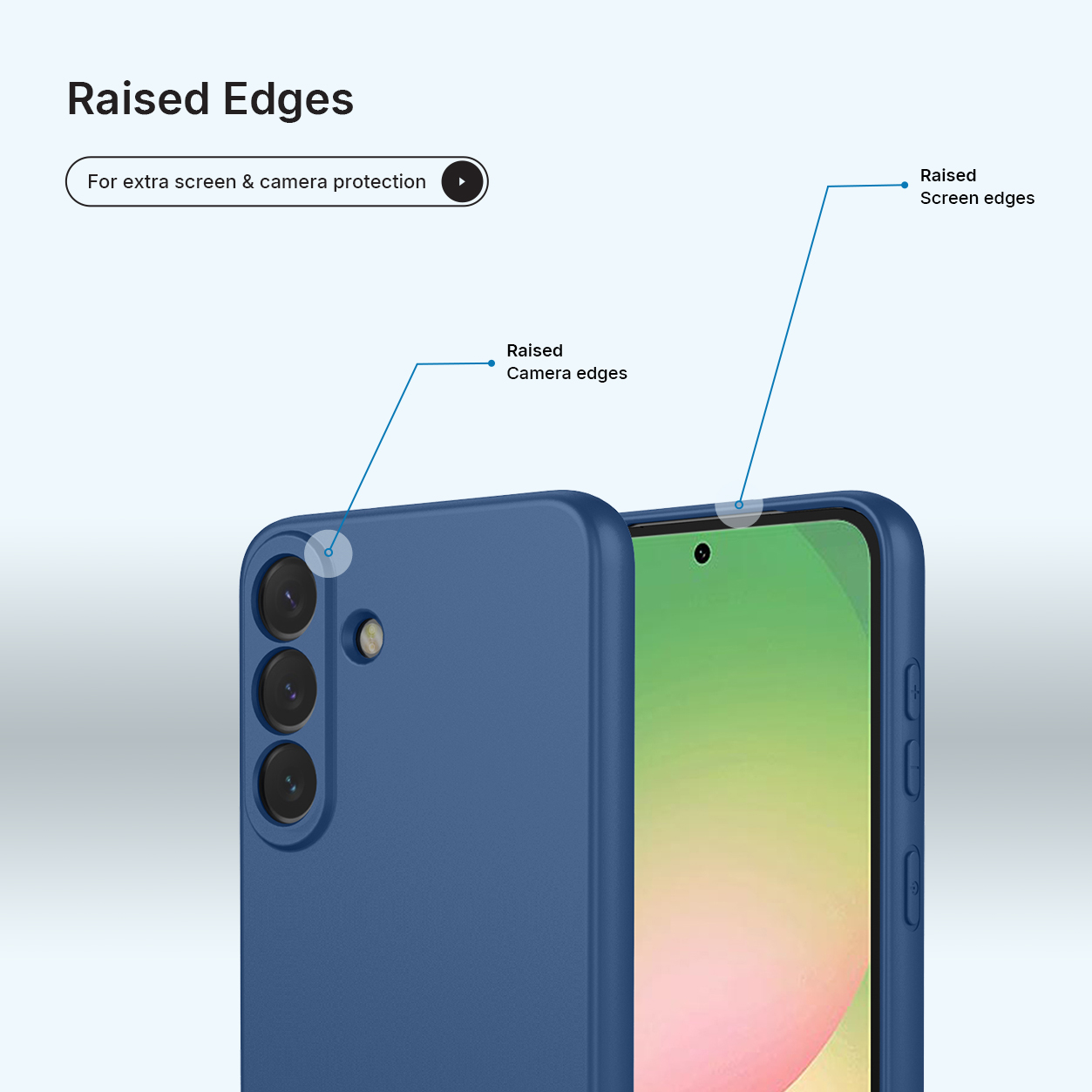 Dark blue phone case with raised edges for camera and screen protection.