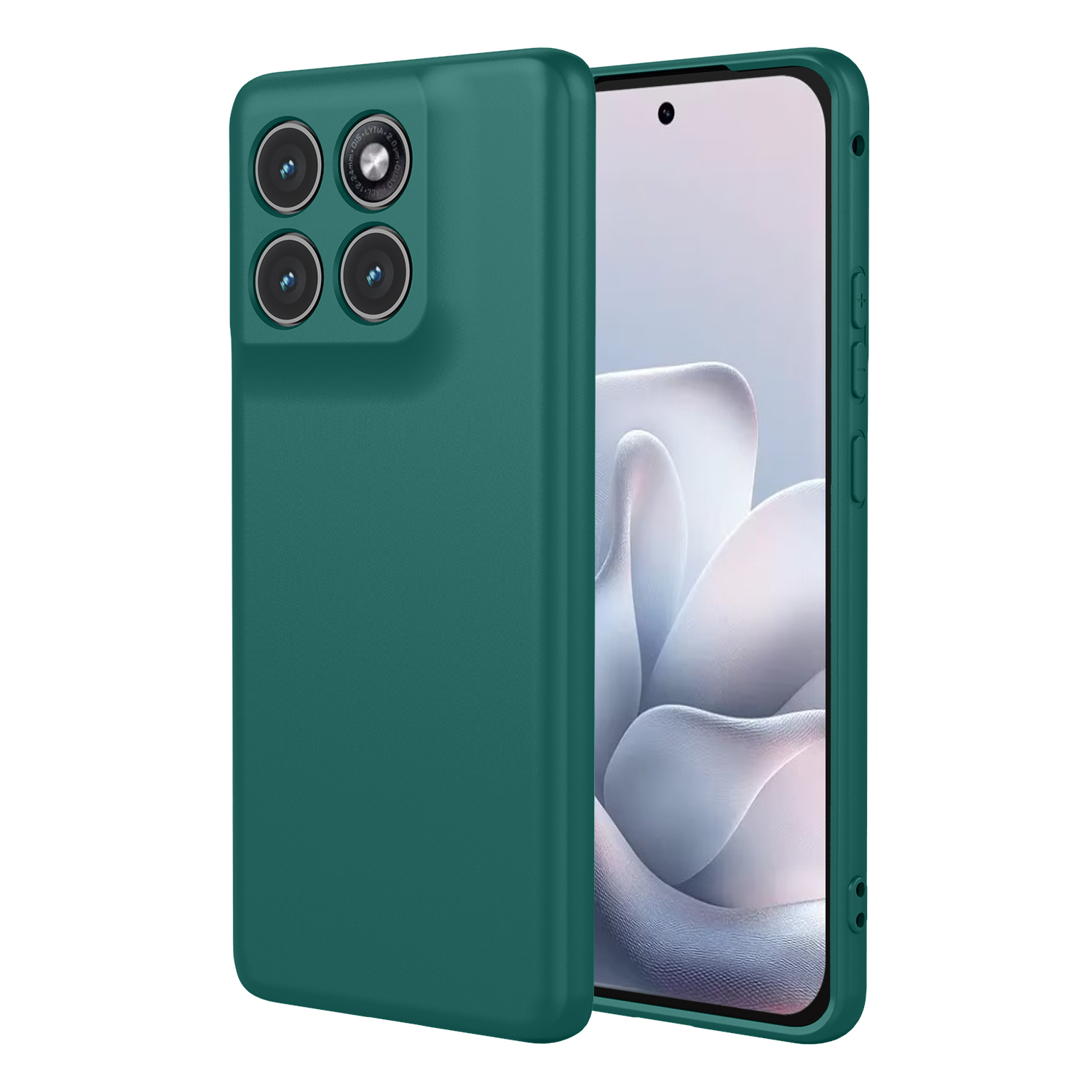 Een teal telefoonhoesje met quad camera-opstelling naast een smartphone.