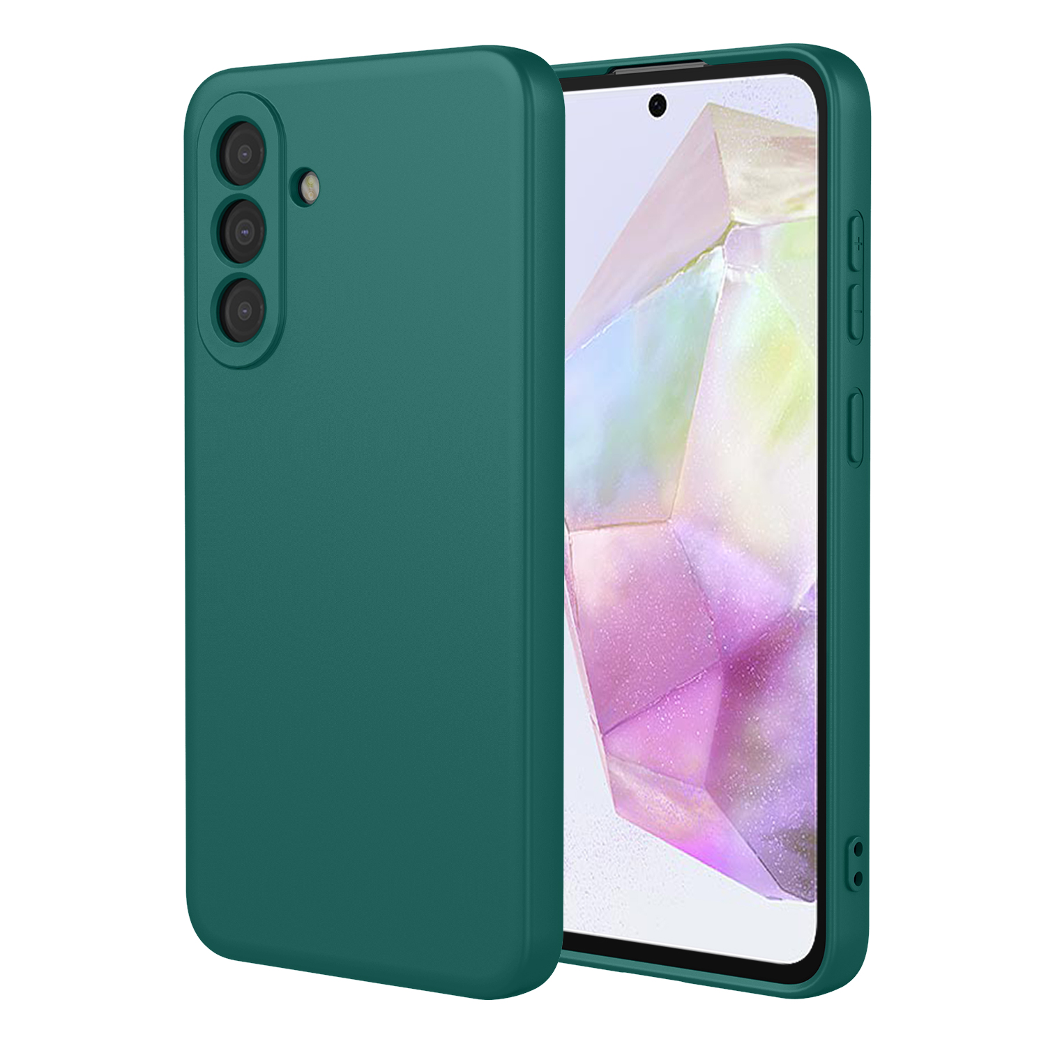 Een teal telefoonhoesje wordt getoond met een smartphone erin, met een drievoudige camera.