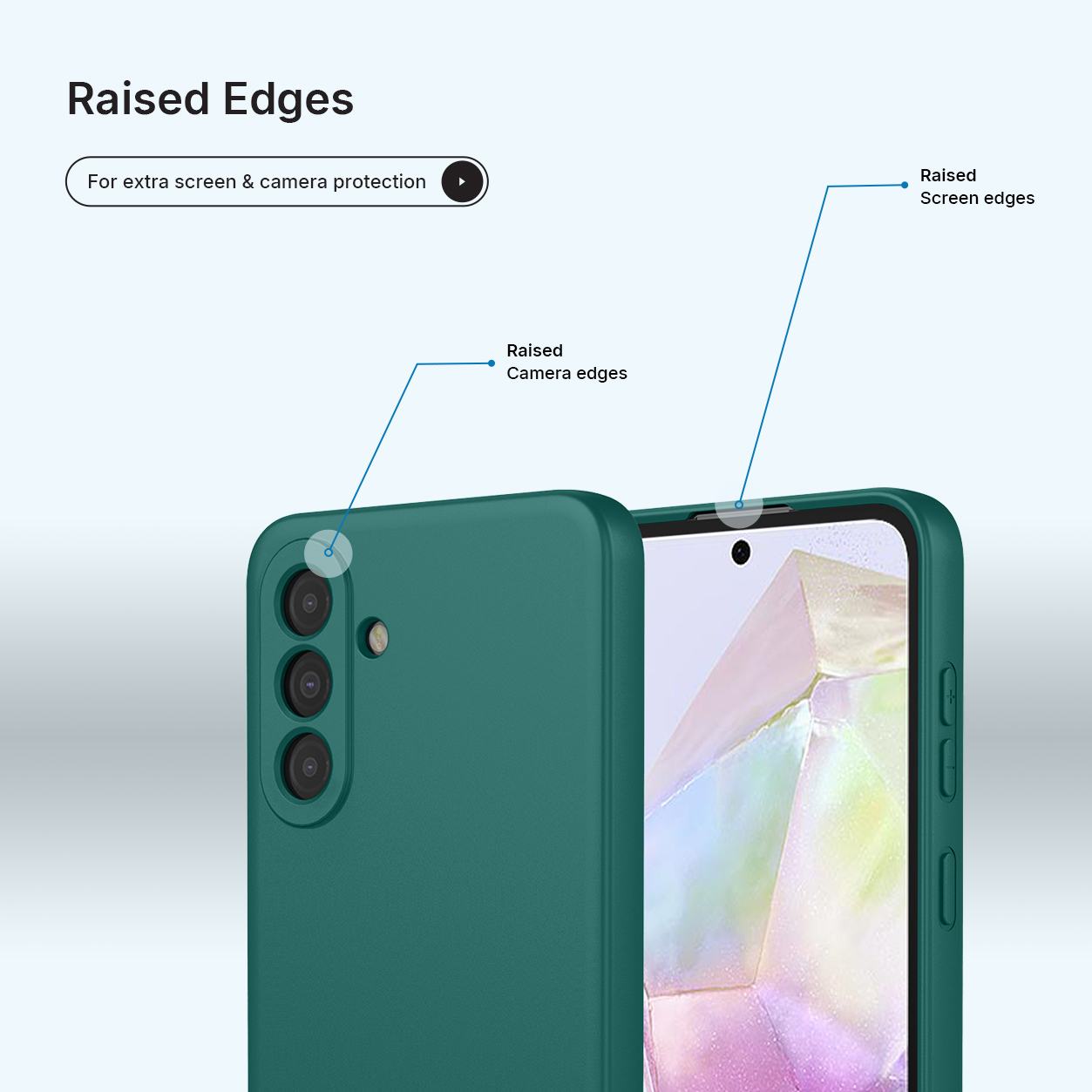 Groene telefoon met verhoogde randen voor camera- en schermbescherming.