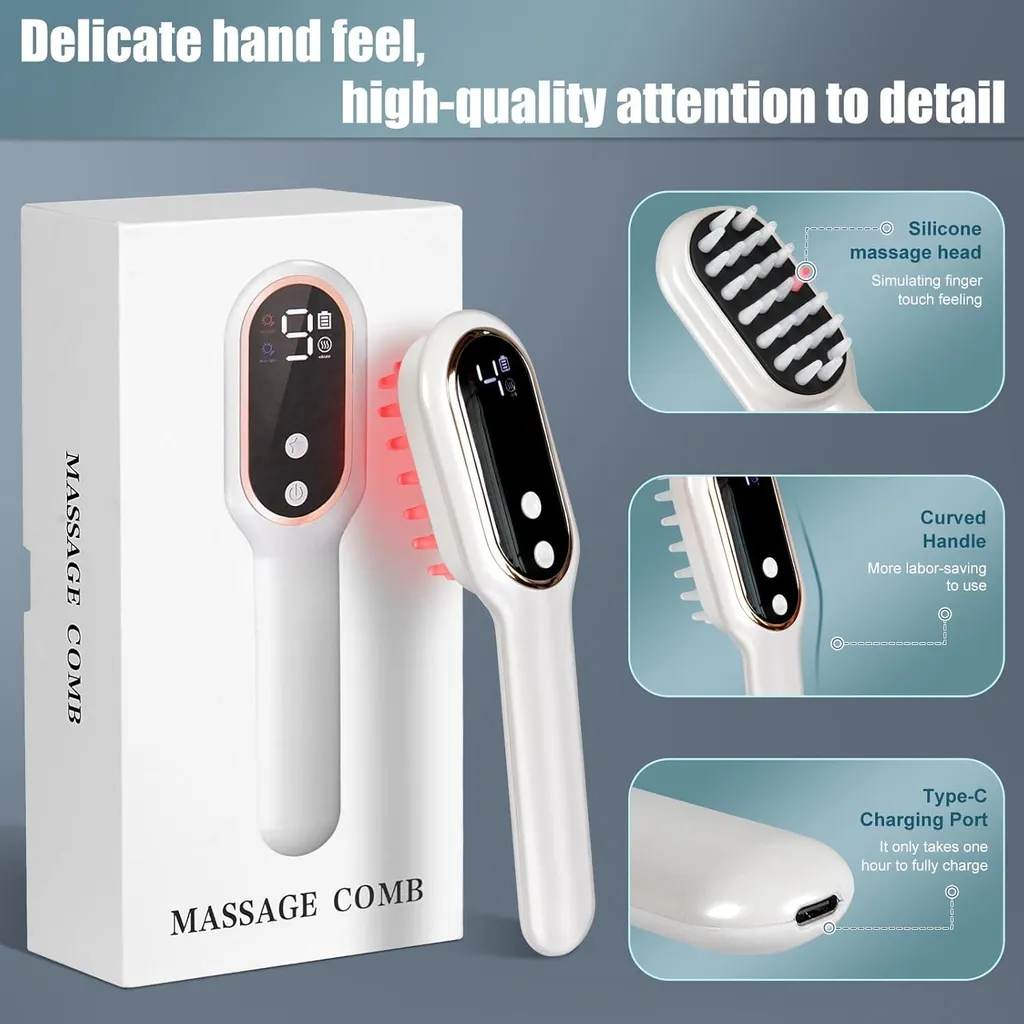 Ein weißer Massagekamm mit roten LEDs und einem digitalen Display, daneben die Verpackung.