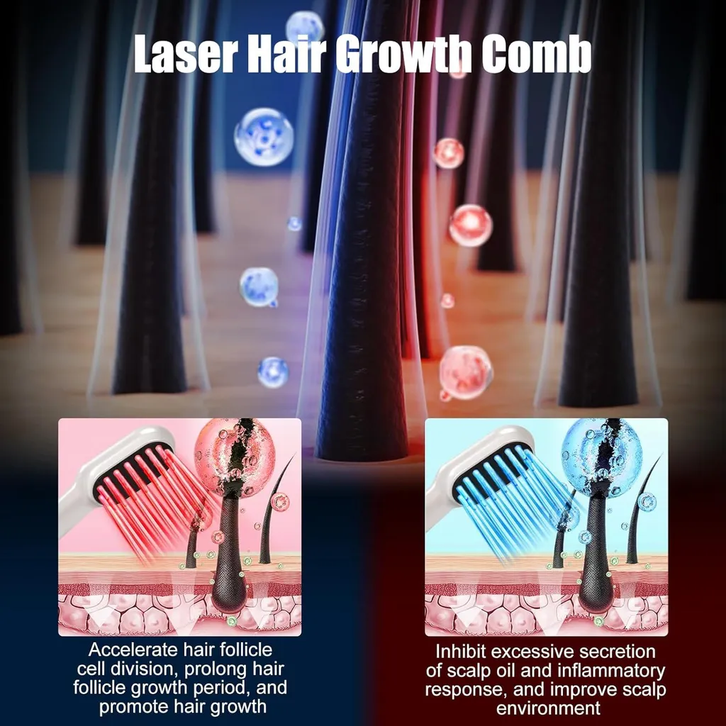 Laser-Haarwachstumskamm: Links rote Borsten für Zellteilung, rechts blaue für Talgkontrolle.