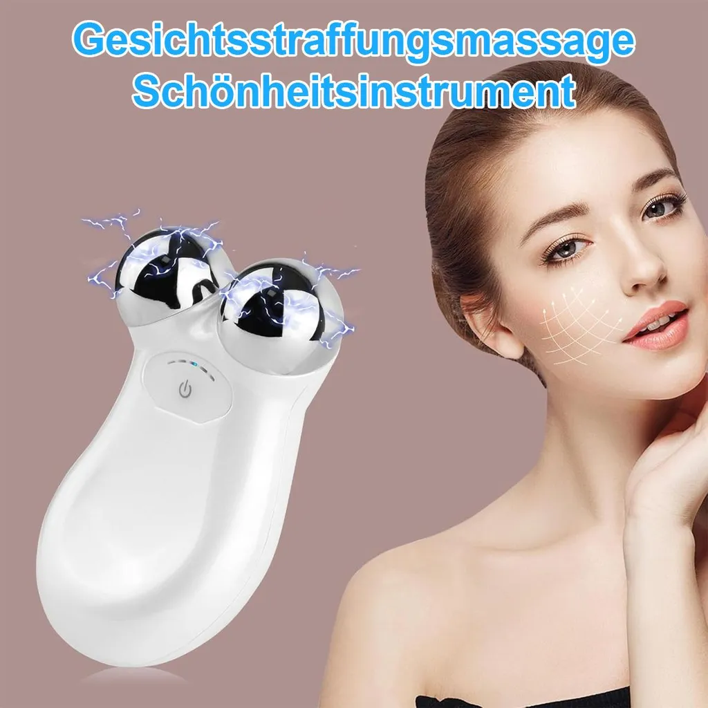 Ein weißes Hautpflegegerät mit zwei rotierenden Kugeln, das auf ein Gesicht angewendet wird.