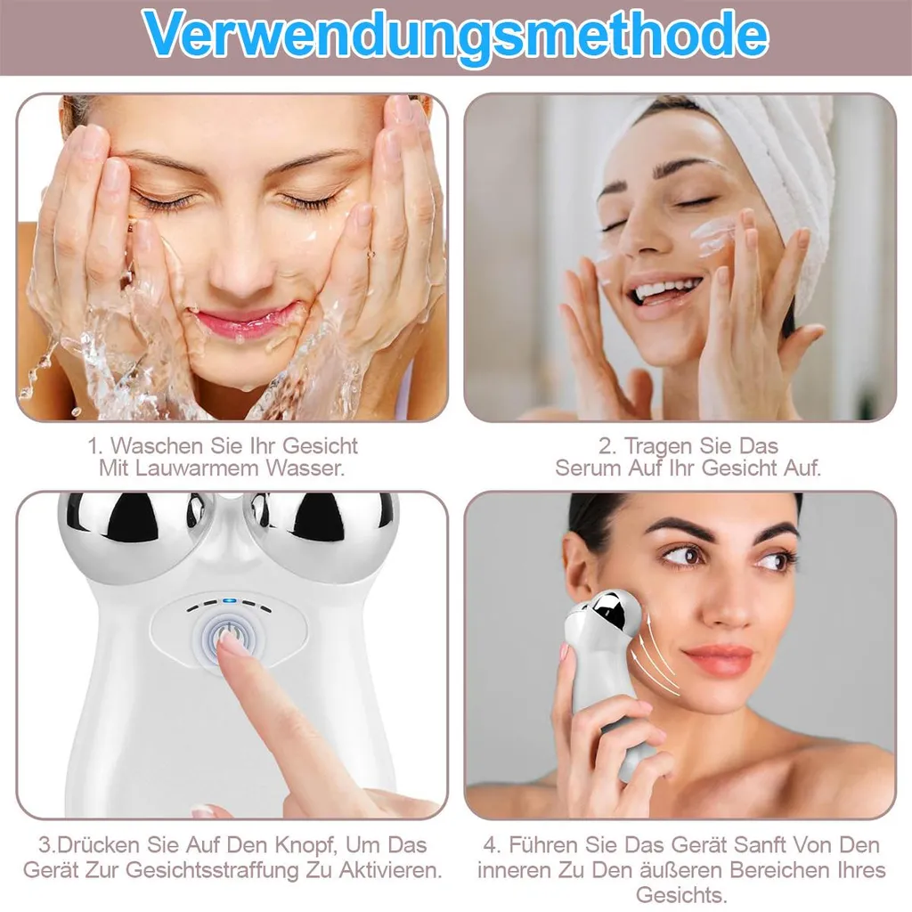 Anleitung in vier Schritten: Gesicht waschen, Serum auftragen, Gerät aktivieren, Gerät anwenden.