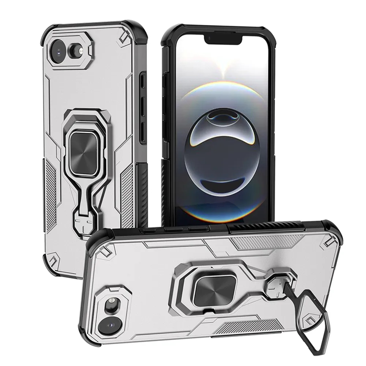 Zilverkleurige telefoonhoesjes met ringhouder en zwarte telefoon op witte achtergrond.