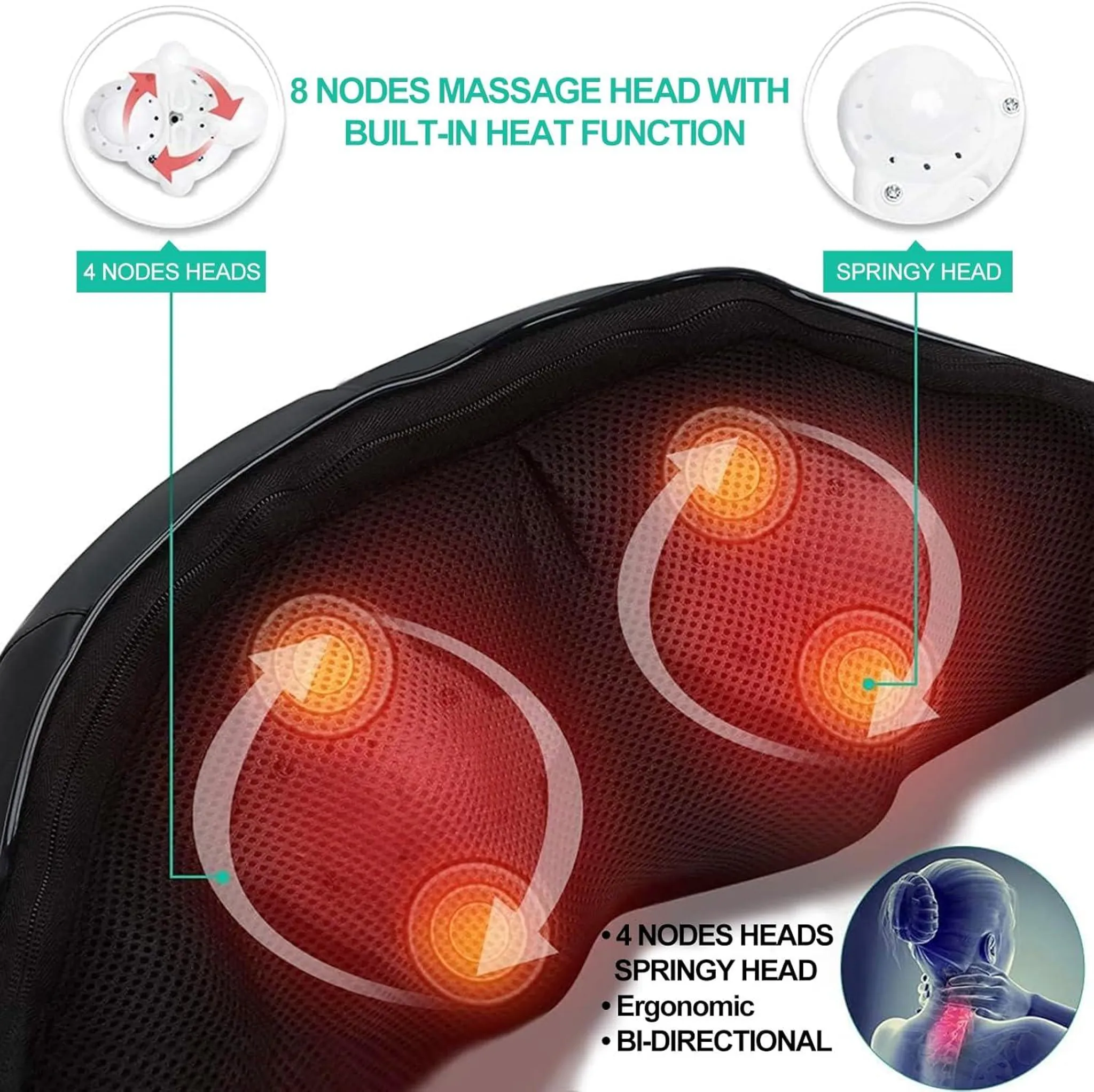 Massagegerät mit 8 Massageköpfen und Heizfunktion.