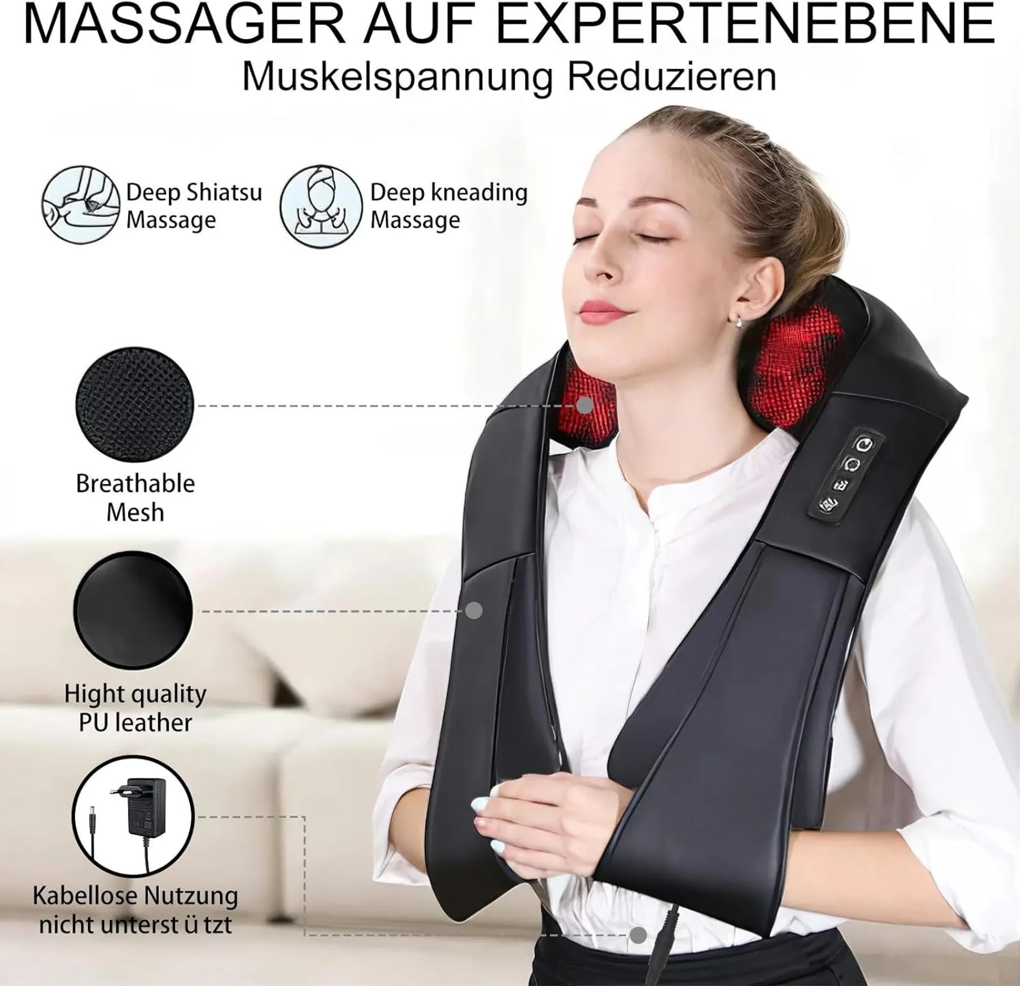 Frau mit Nackenmassagegerät, das tiefe Shiatsu- und Knetmassage bietet.