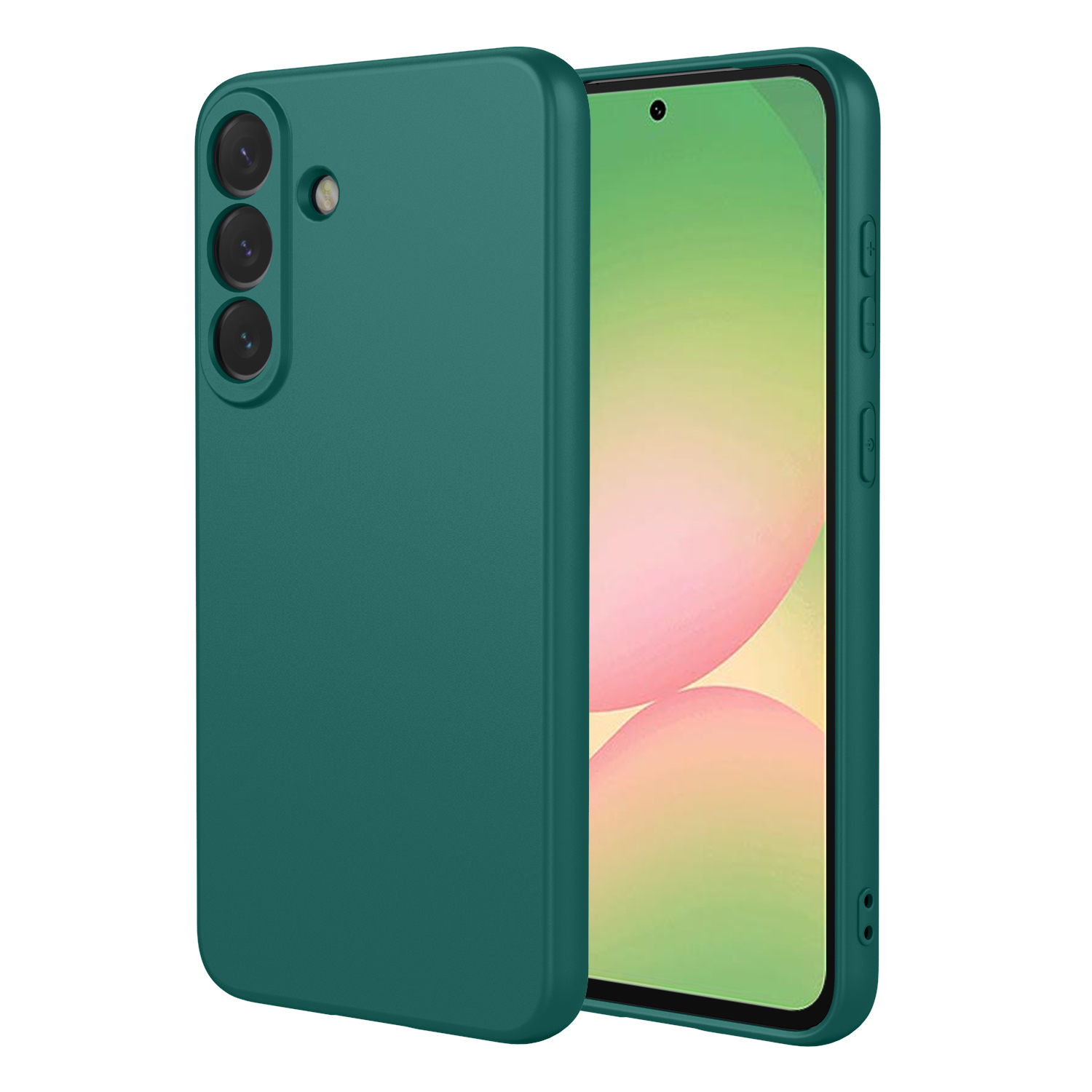 A teal phone case is shown on a smartphone with a green and pink screen.