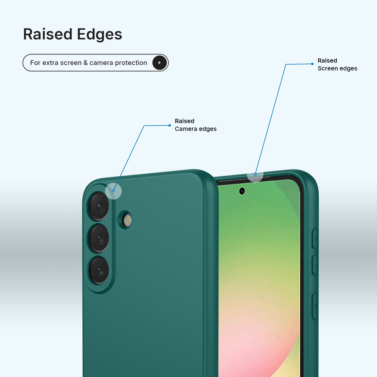 Green phone case with raised edges for camera and screen protection.
