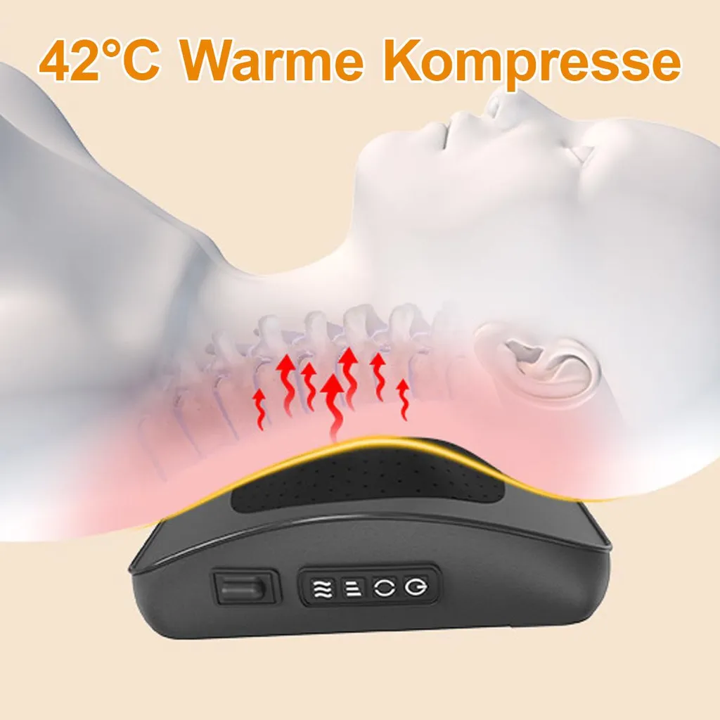 42°C warme Kompresse auf Halswirbelsäule mit roten Pfeilen, die Wärme symbolisieren.