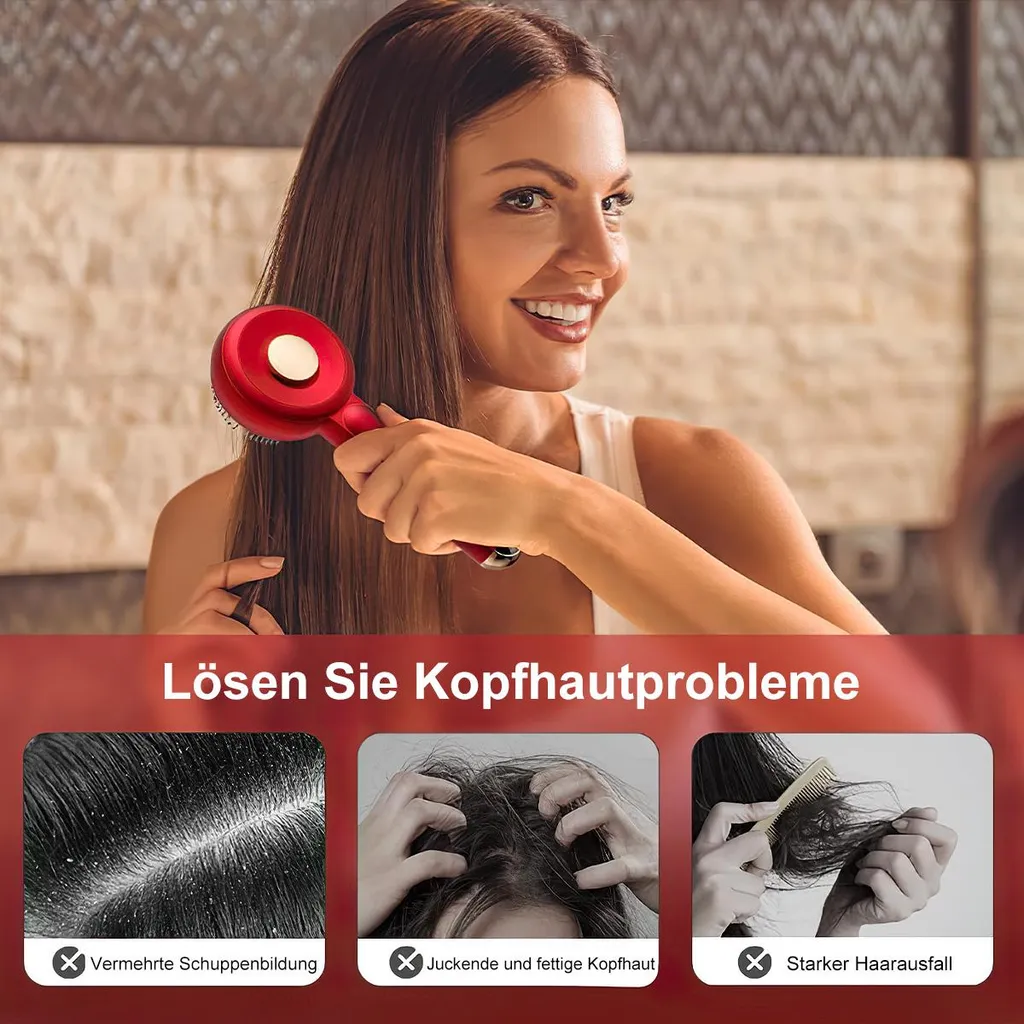 Frau kämmt Haare mit rotem Gerät; unten: Schuppen, juckende Kopfhaut, Haarausfall.