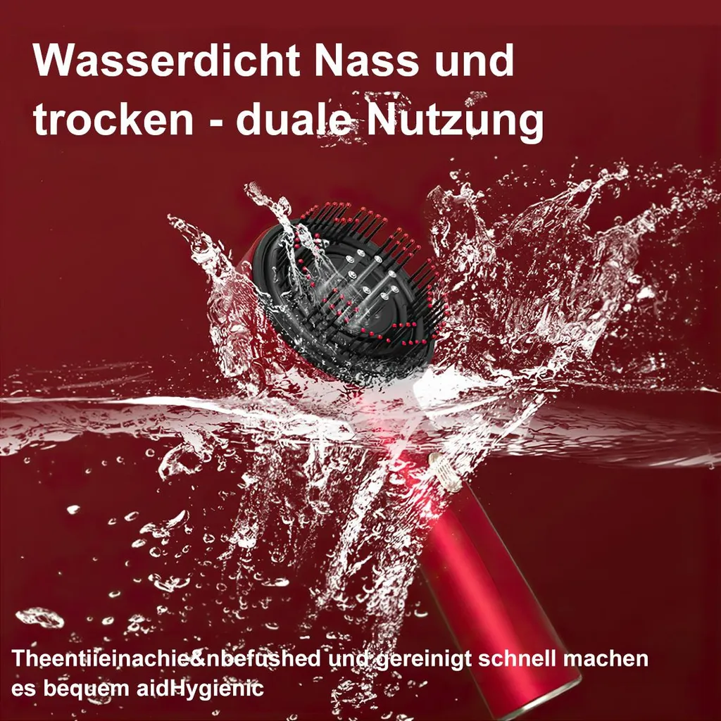 Ein roter Haartrocknerkopf mit Borsten taucht in Wasser, Spritzer umgeben ihn.