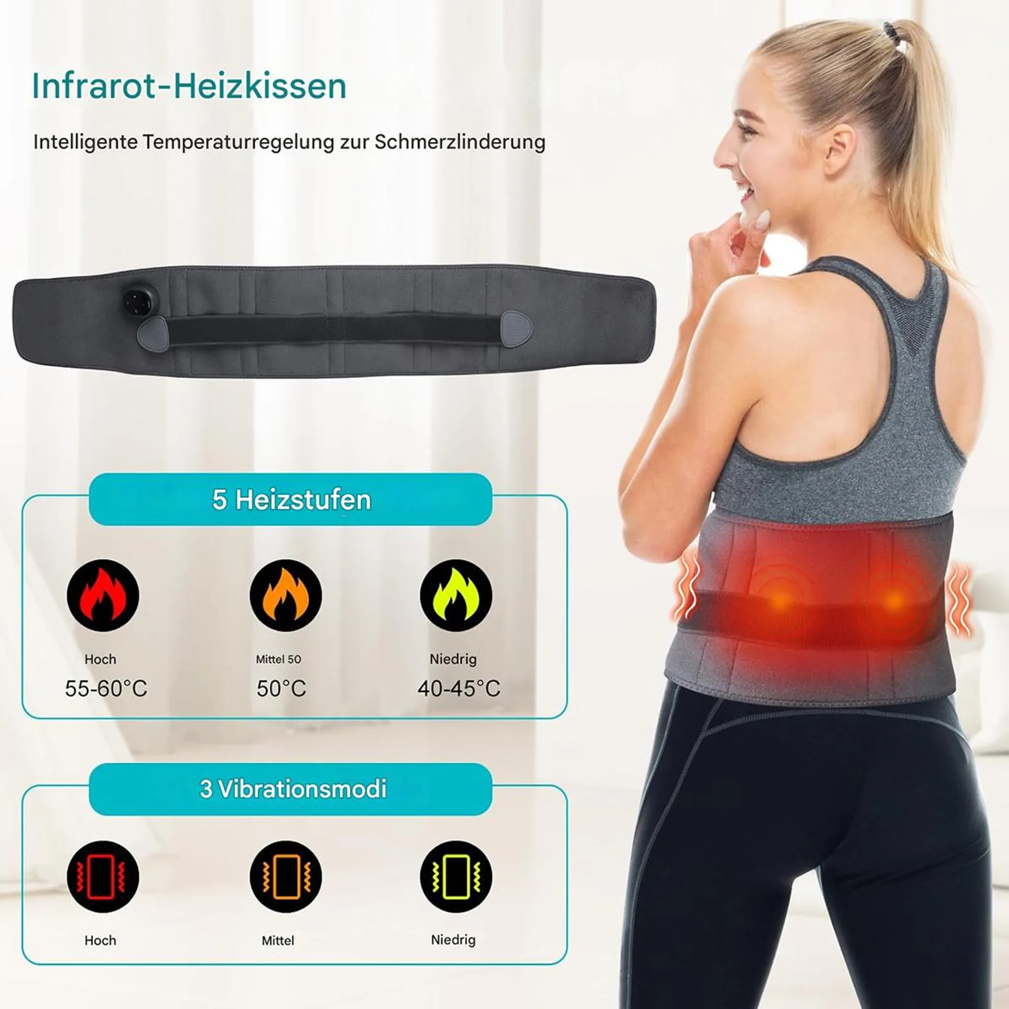 Frau mit Heizkissen für den Rücken, das 5 Heizstufen und 3 Vibrationsmodi hat.