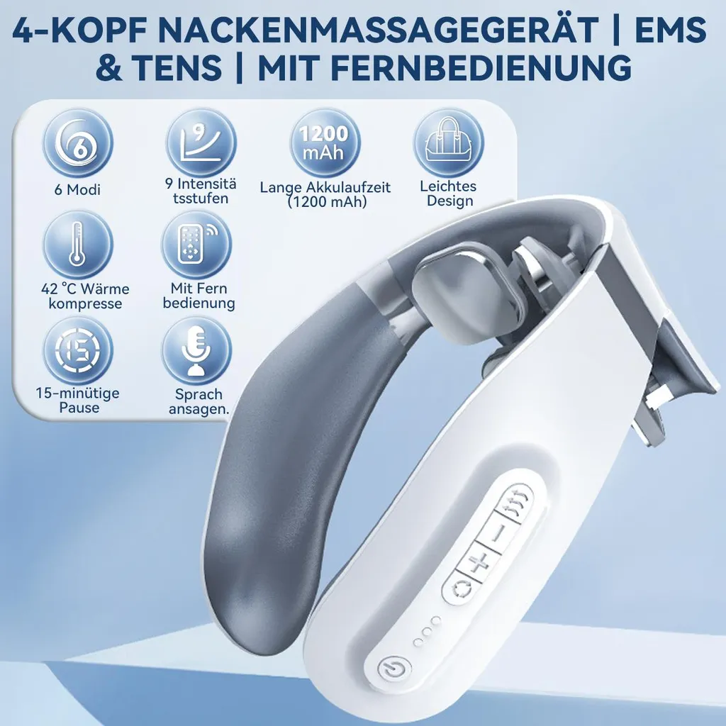 Ein weißes und graues Nackenmassagegerät mit Bedienelementen und Funktionen.
