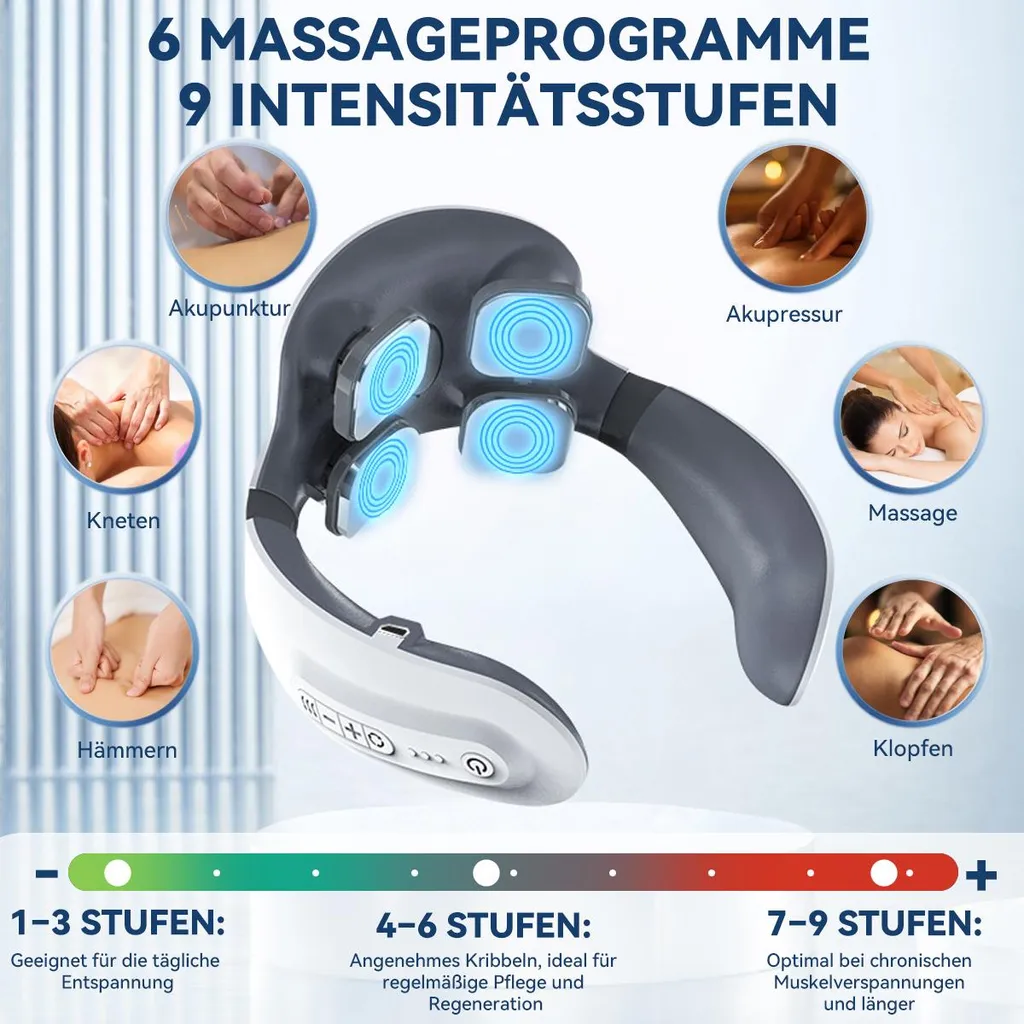 Nackenmassagegerät mit 6 Programmen, 9 Intensitäten. Zeigt Akupunktur, Kneten, Hämmern, Akupressur, Massage, Klopfen.
