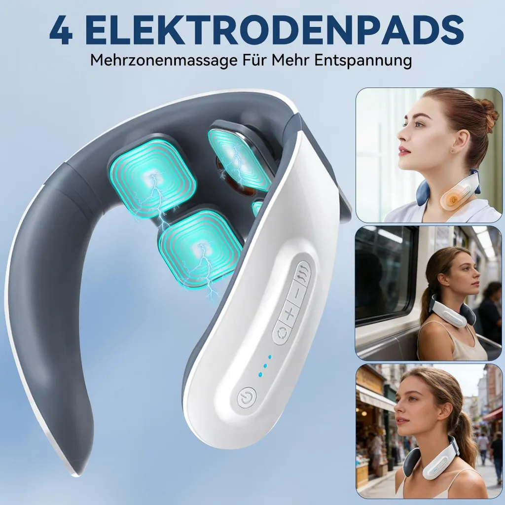 Nackenmassagegerät mit 4 Elektrodenpads, blau und weiß, mit Frauen in verschiedenen Szenarien.