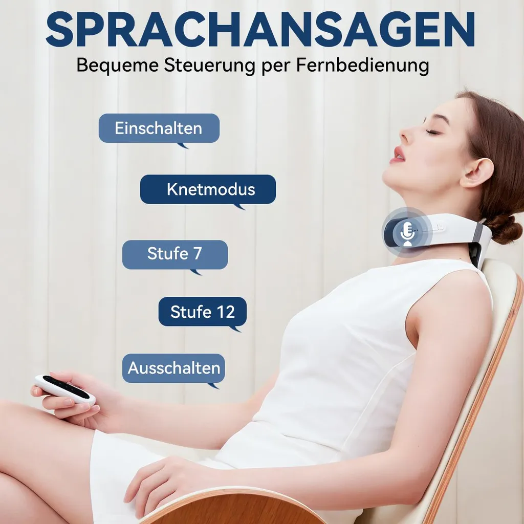 Frau mit Nackenmassagegerät, Fernbedienung, Optionen: Einschalten, Knetmodus, Stufe 7/12, Ausschalten.
