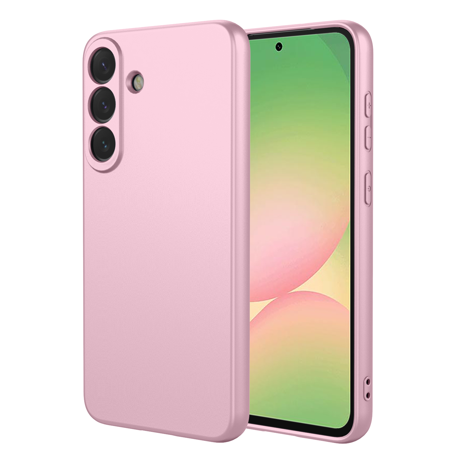 A pink phone case and a phone in a pink case side-by-side.