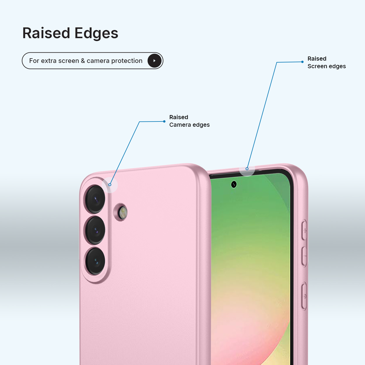 A pink phone case with raised edges for camera and screen protection.