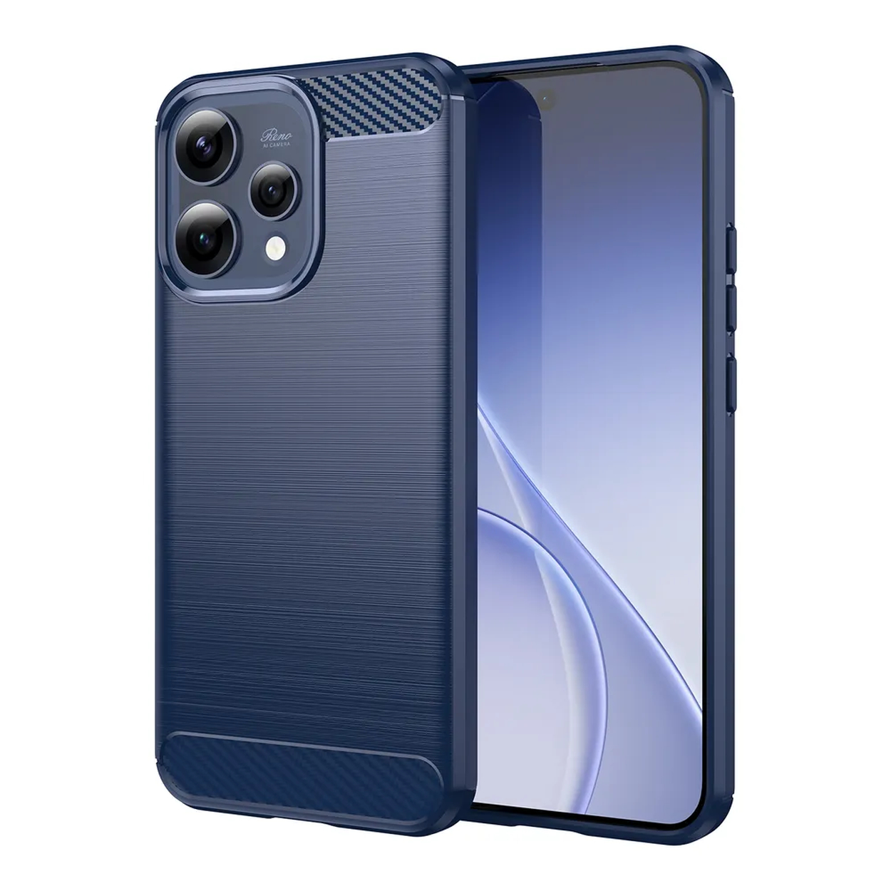 Donkerblauwe telefoonhoes met geborstelde textuur en carbon accenten.