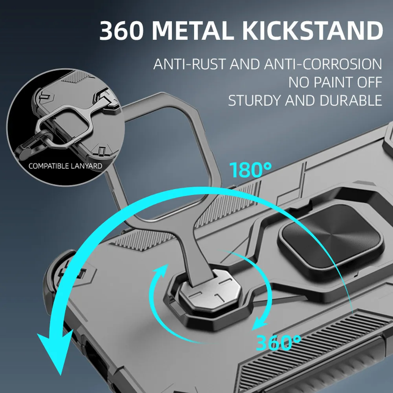 Grijze telefoonhoes met 360 metalen standaard, 180/360 graden rotatie.