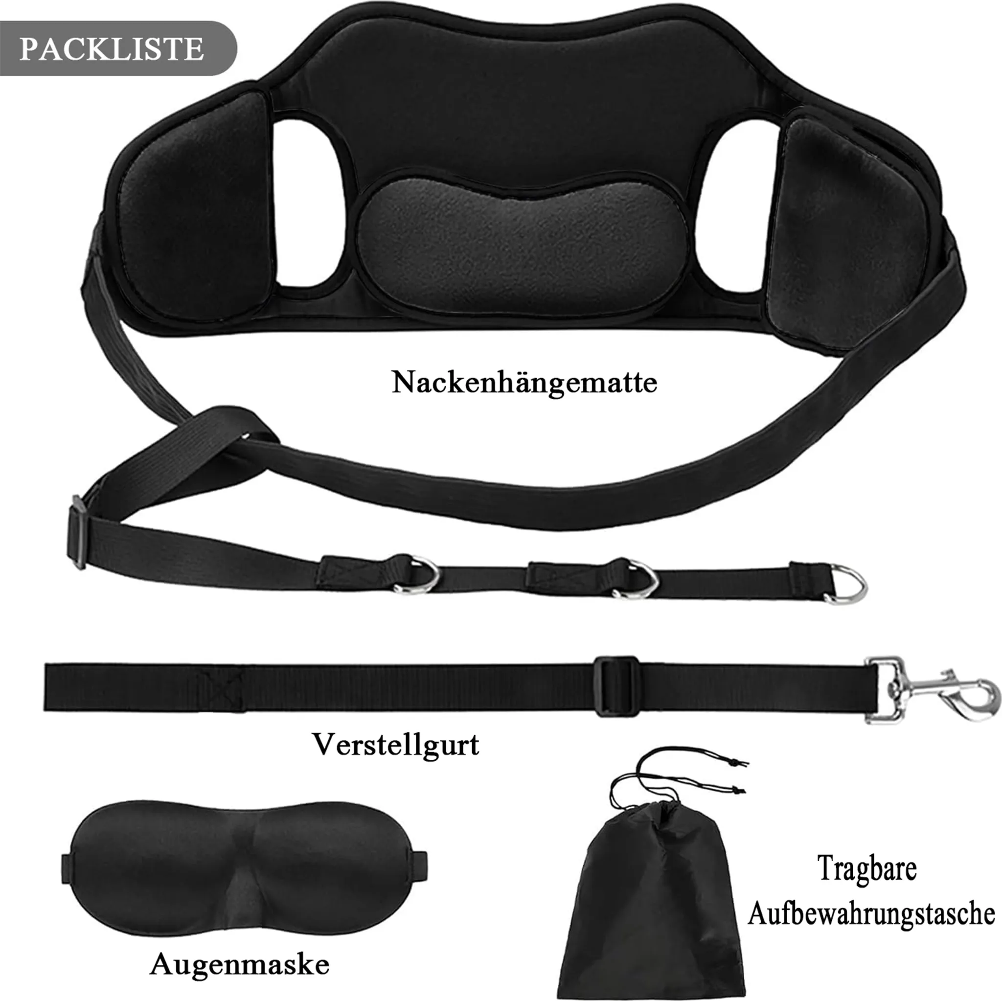 Schwarze Nackenliege, Augenmaske, verstellbarer Gurt und Tasche.