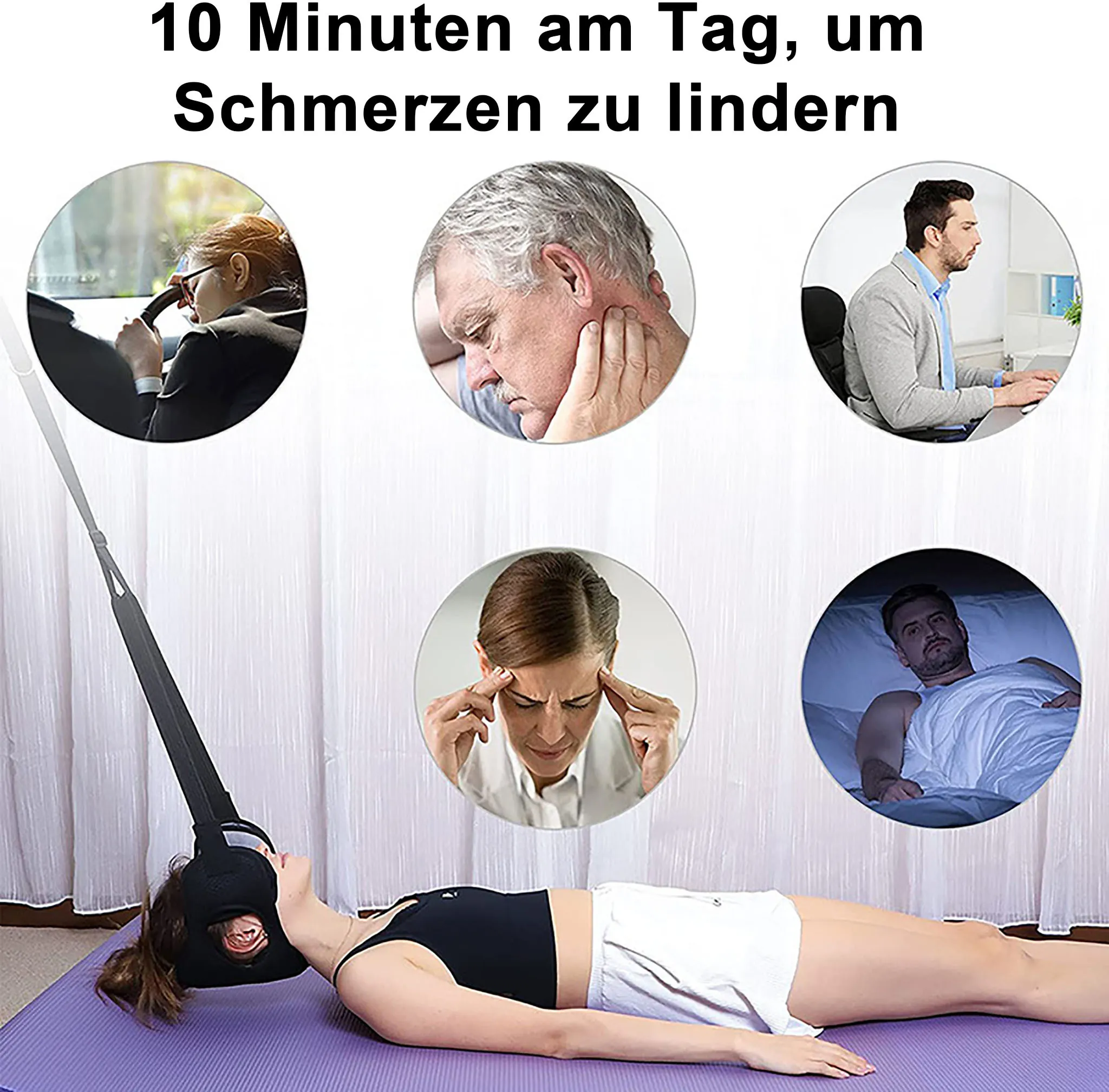 Frau mit Nackenstrecker auf Matte. Kleine Bilder zeigen Schmerzen im Auto, Nacken, Büro, Kopf.