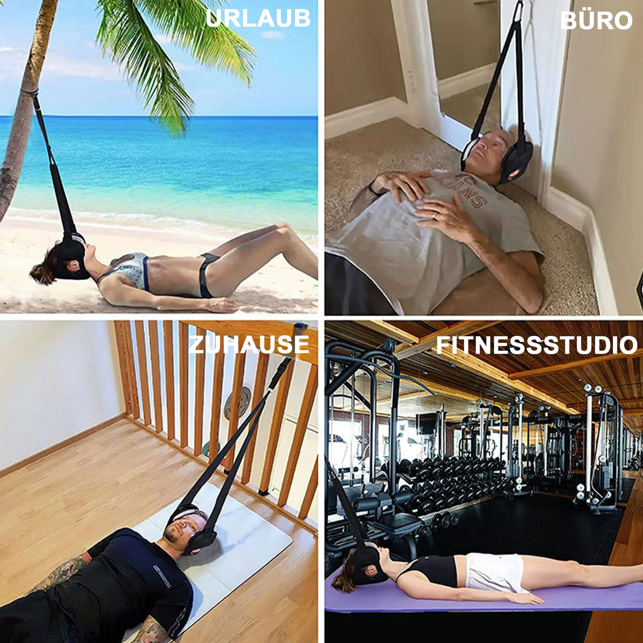 Vier Szenen zeigen ein Nackentragegerät an verschiedenen Orten: Strand, Büro, Zuhause und Fitnessstudio.