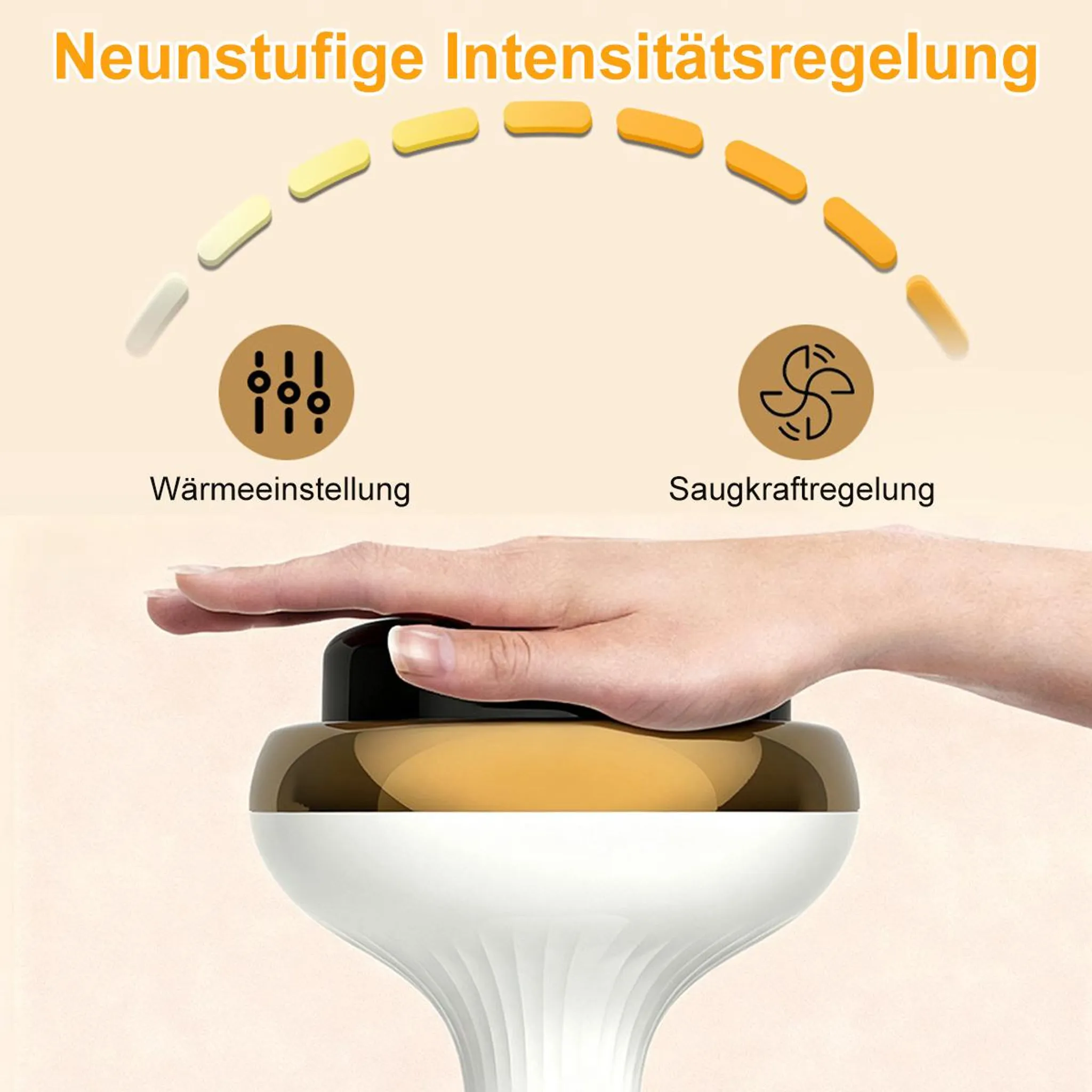 Neunstufige Intensitätsregelung mit Hand auf Knopf. Wärme- und Saugregelung.