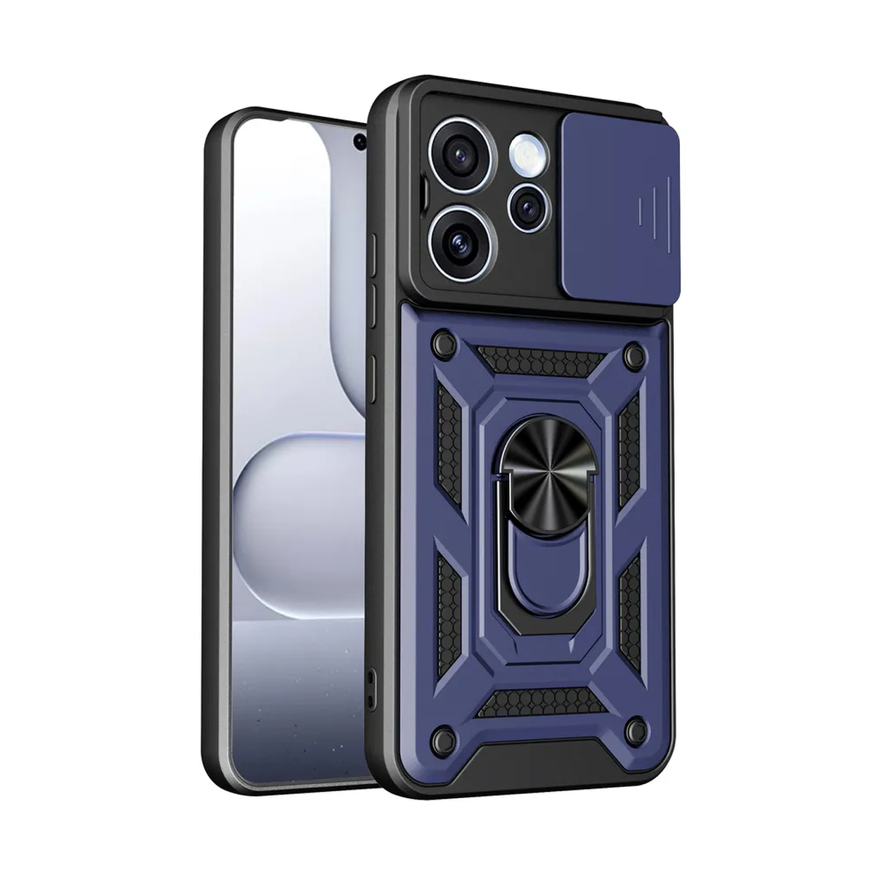 Blauw telefoonhoesje met schuifdeksel voor camera en ringhouder.