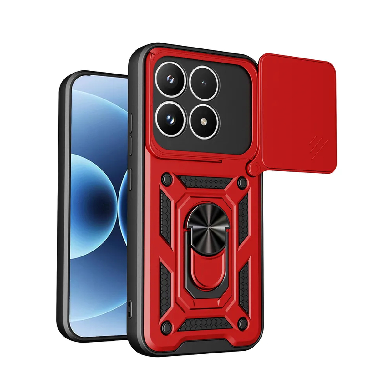 Rode telefoonhoes met cameralens-afdekking en ringstandaard. Telefoonscherm zichtbaar.