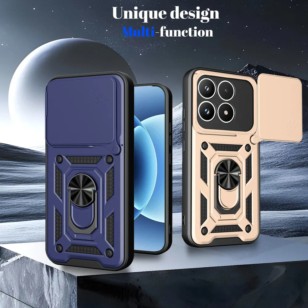 Twee stevige telefoonhoesjes in blauw en goud, met ringhouders en cameralensbeschermers.