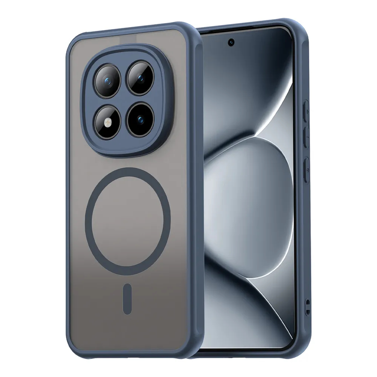 Een blauwe telefoonhoes met vier camera's en een magnetische ring.