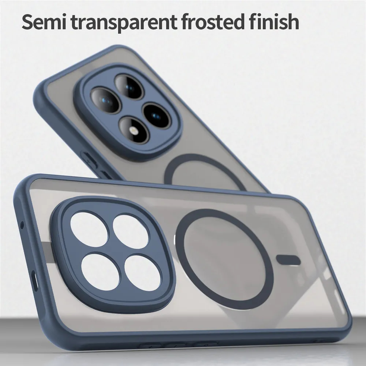 Twee transparante telefoonhoesjes met blauwe randen en camera-uitsparingen.