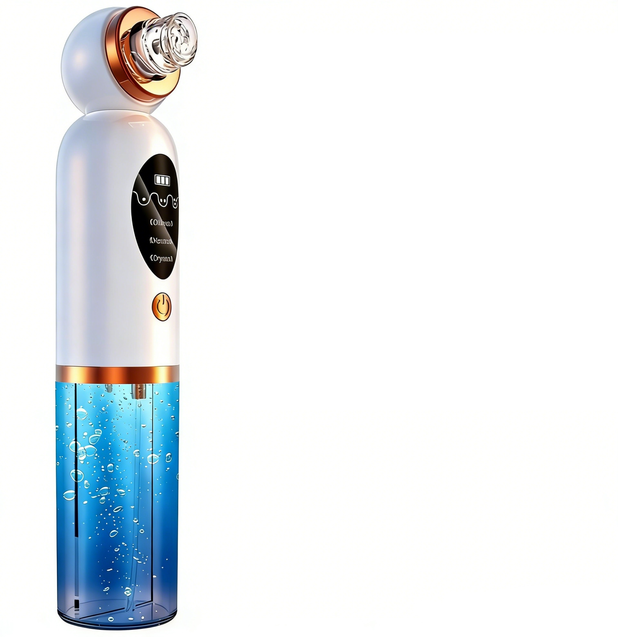 Ein weißes Hautpflegegerät mit goldenen Akzenten und blauem Wasserbehälter.