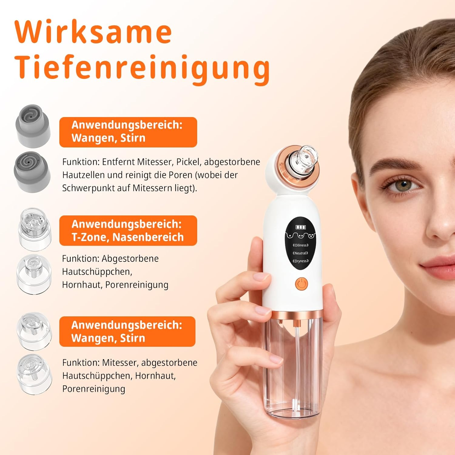 Hautpflegegerät mit verschiedenen Aufsätzen und Bildschirm. Nahaufnahme einer Frau.