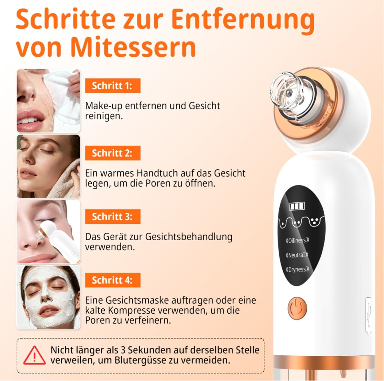 Schritte zur Mitesserentfernung: Reinigen, warmer Kompress, Gerät nutzen, Maske/kalter Kompress.