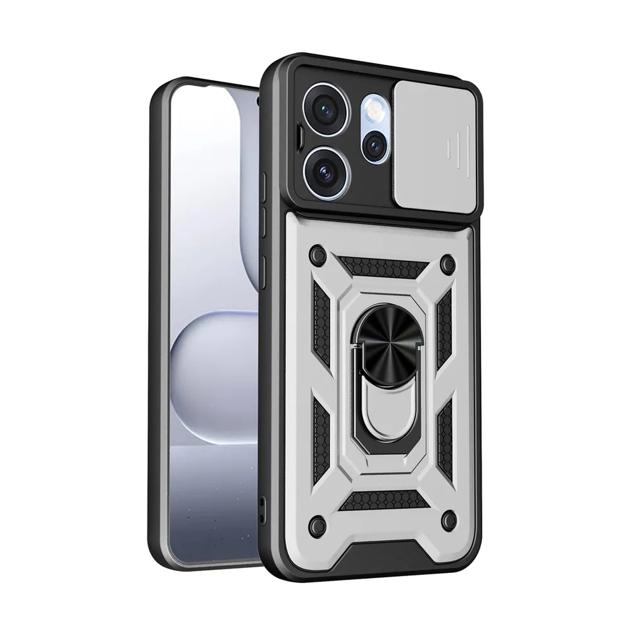 Coque noire pour téléphone avec curseur caméra, anneau et accents argentés.