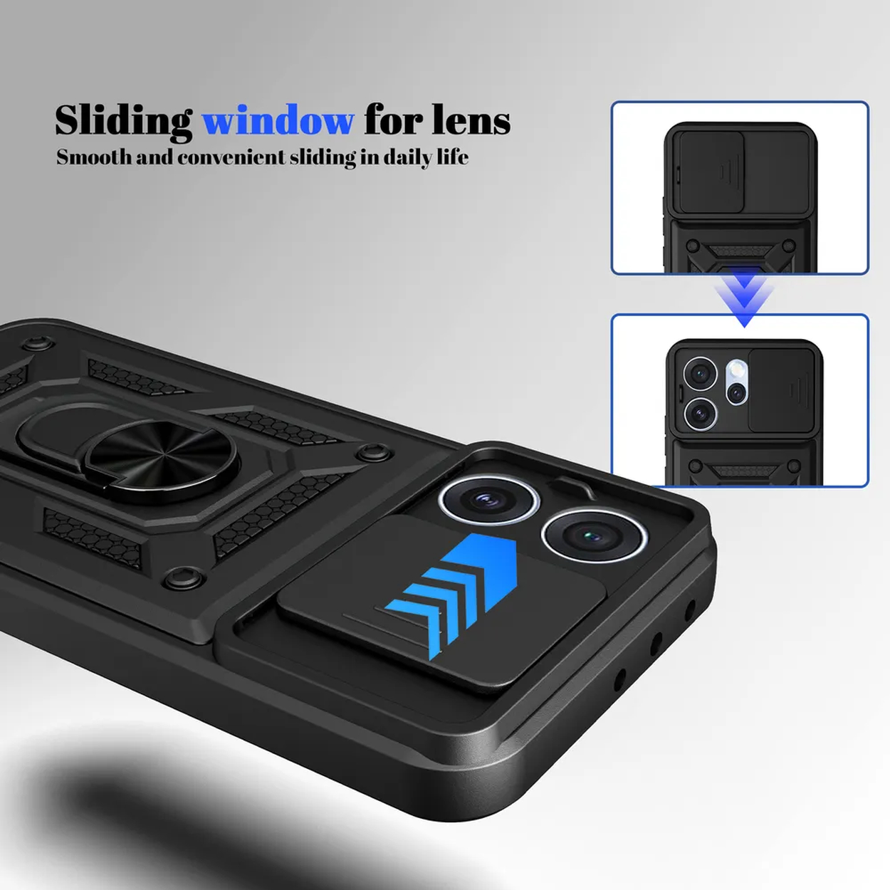 Coque de téléphone noire avec cache coulissant pour objectif et anneau.