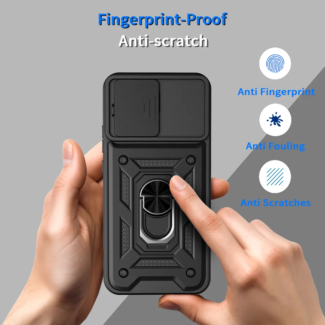 Coque de téléphone noire avec cache caméra et support bague, tenue par des mains.
