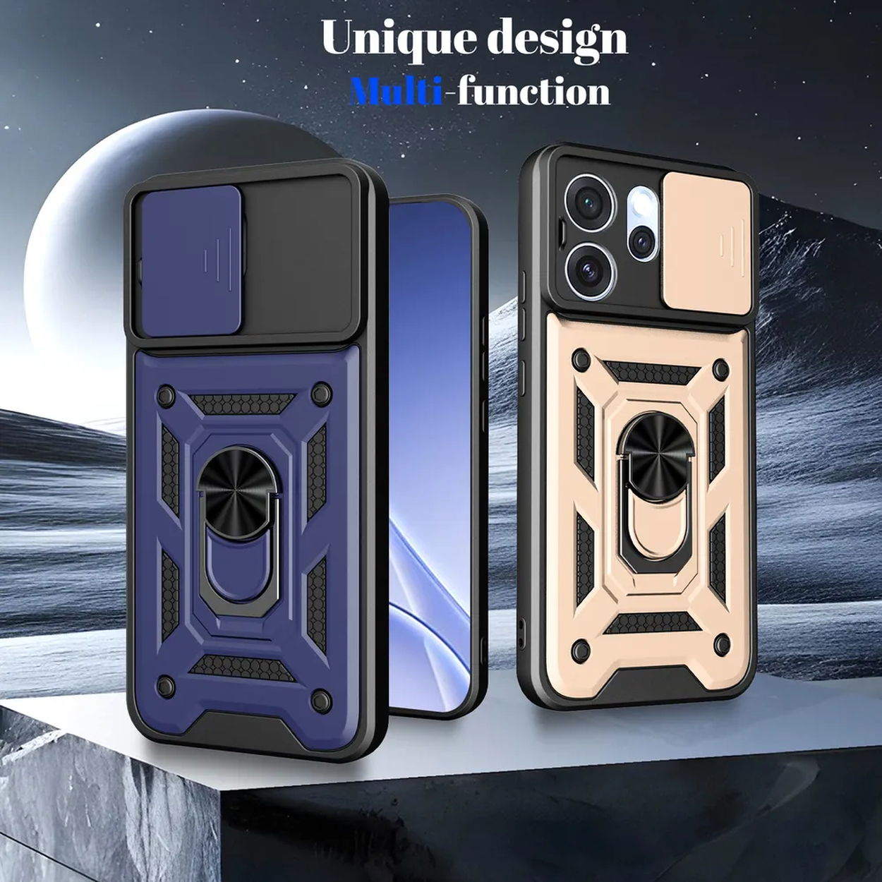 Deux coques de téléphone: une bleue, une dorée, avec cache-caméra et support bague.