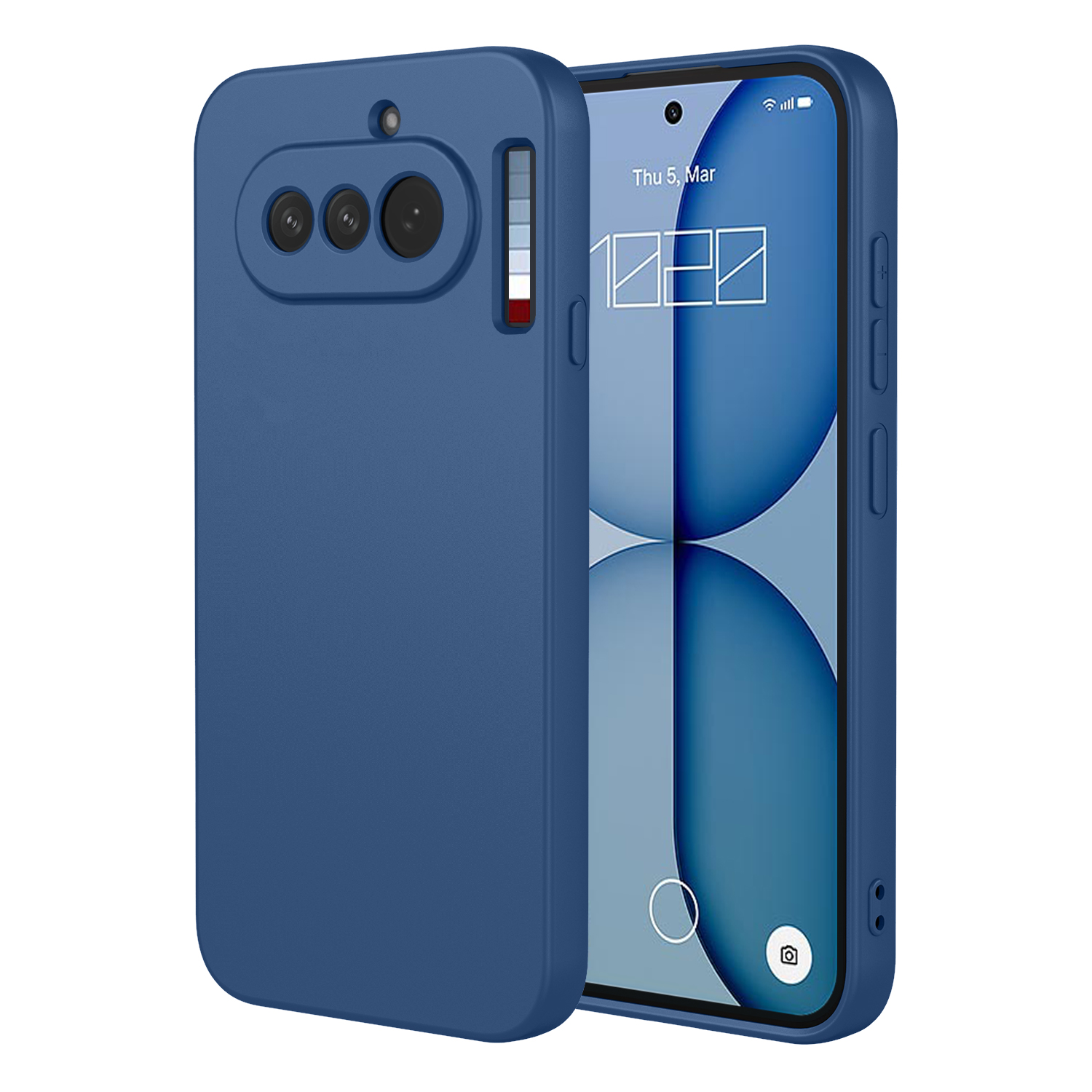 Een blauwe telefoonhoes toont drie camera's. Ernaast een telefoon met een abstracte blauwe achtergrond.