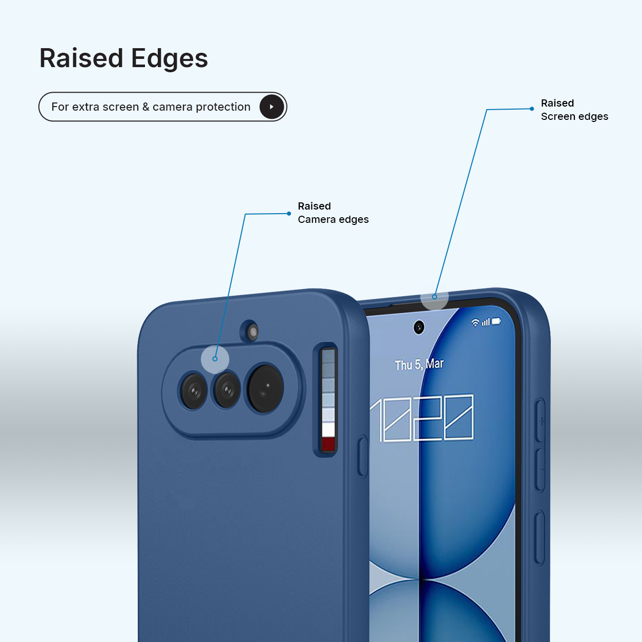 Blauw telefoonhoesje met verhoogde randen voor camera en scherm.