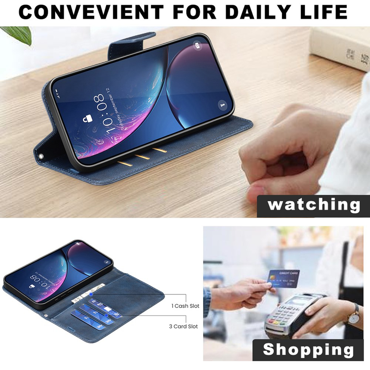 Blauw telefoonhoesje met kaartsleuven en een telefoon in portretmodus.