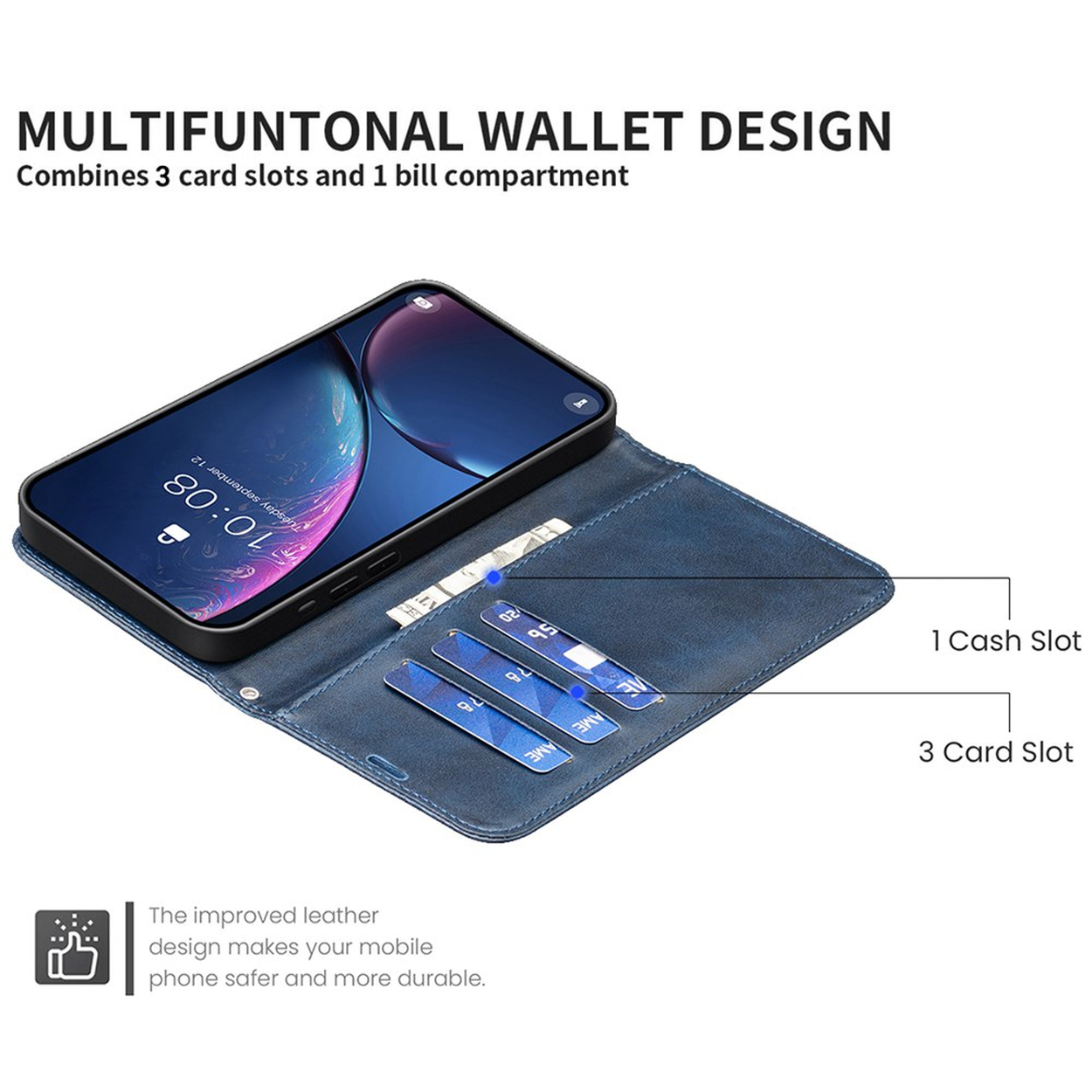 Blauwe lederen wallet case voor iPhone met 3 kaartsleuven en 1 geldvak.