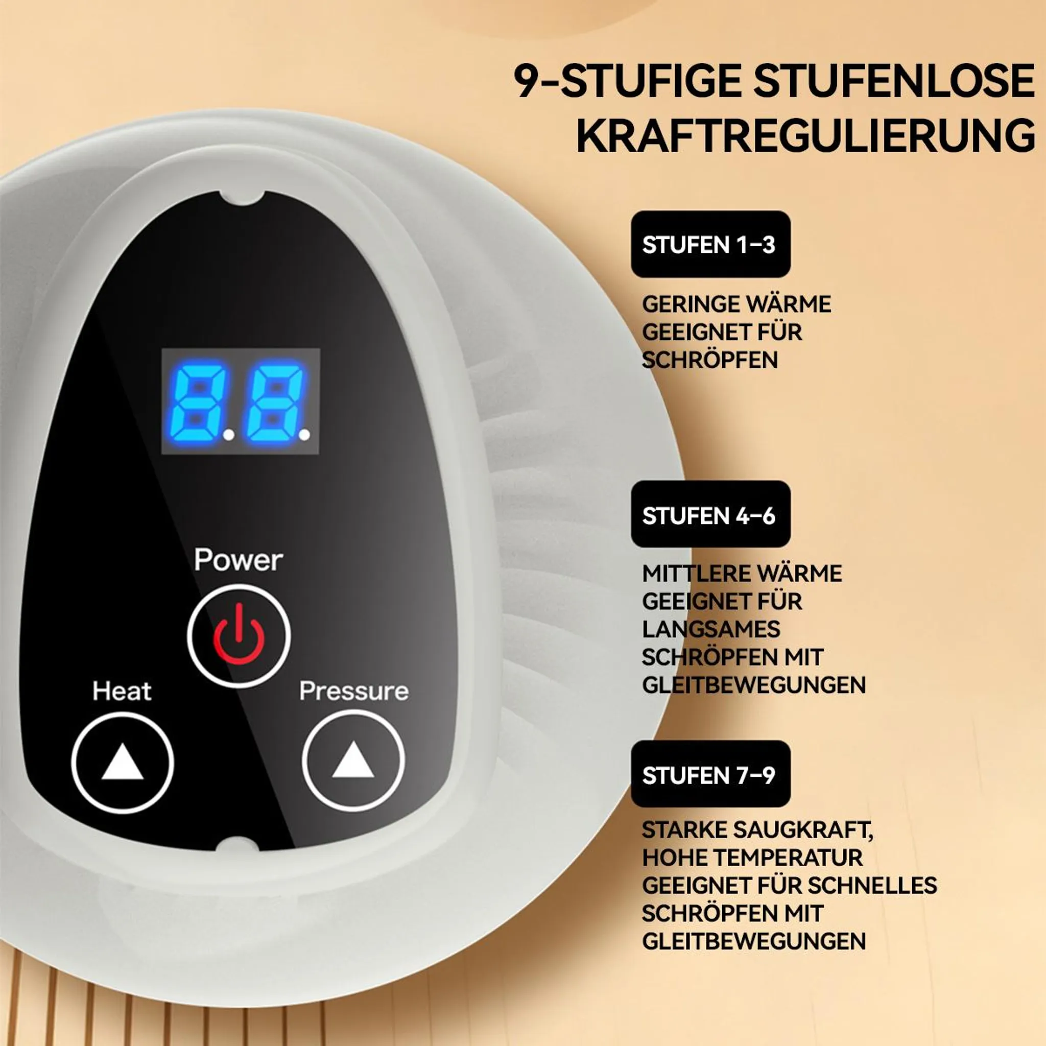 Ein Gerät mit Digitalanzeige, Power-, Heat- & Pressure-Buttons. 9 Stufen Kraftregulierung.