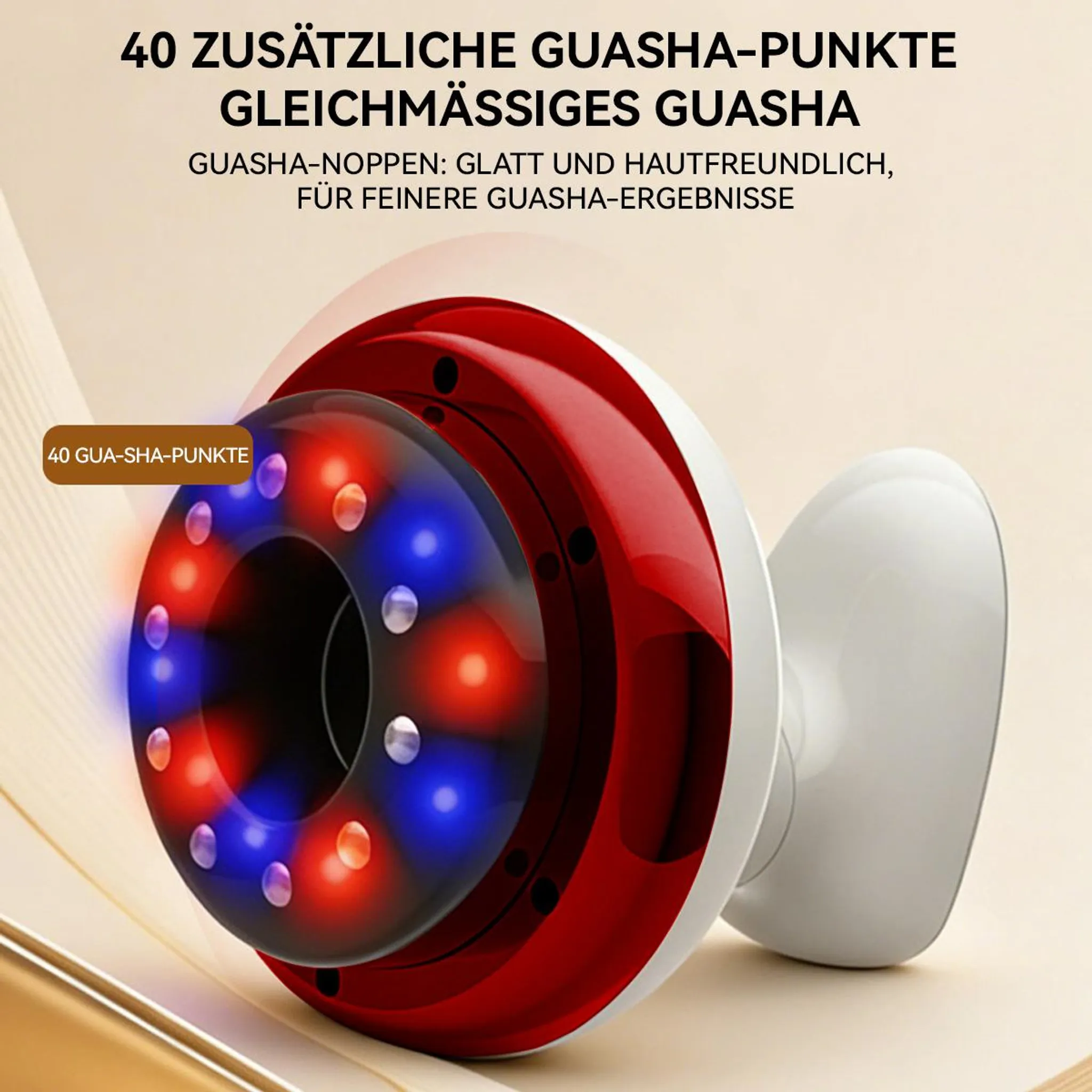 Ein Gua Sha Gerät mit 40 Punkten, rot und blau leuchtend.