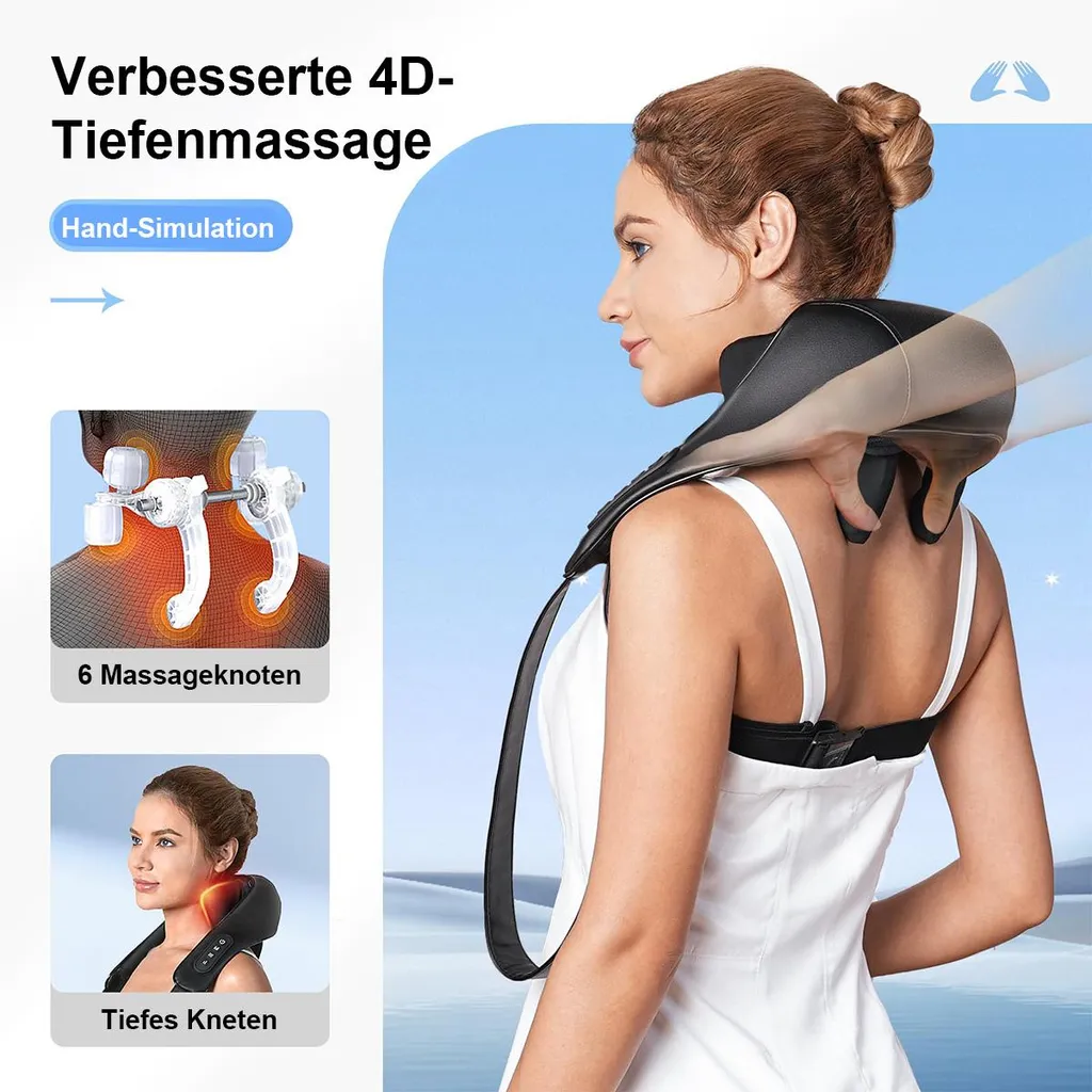 Frau mit Nackenmassagegerät, 4D-Tiefenmassage mit 6 Knoten.