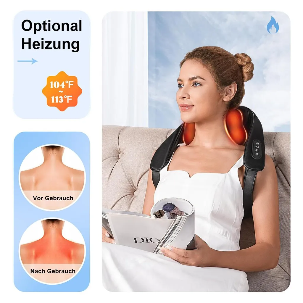 Frau mit Nackenmassagegerät, das Erwärmung und Schmerzlinderung zeigt.